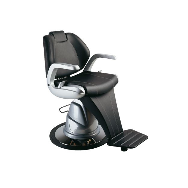 Barberarstol Morpheus AGV i svart konstläder med justerbart ryggstöd och fotstöd på hydraulisk bas.