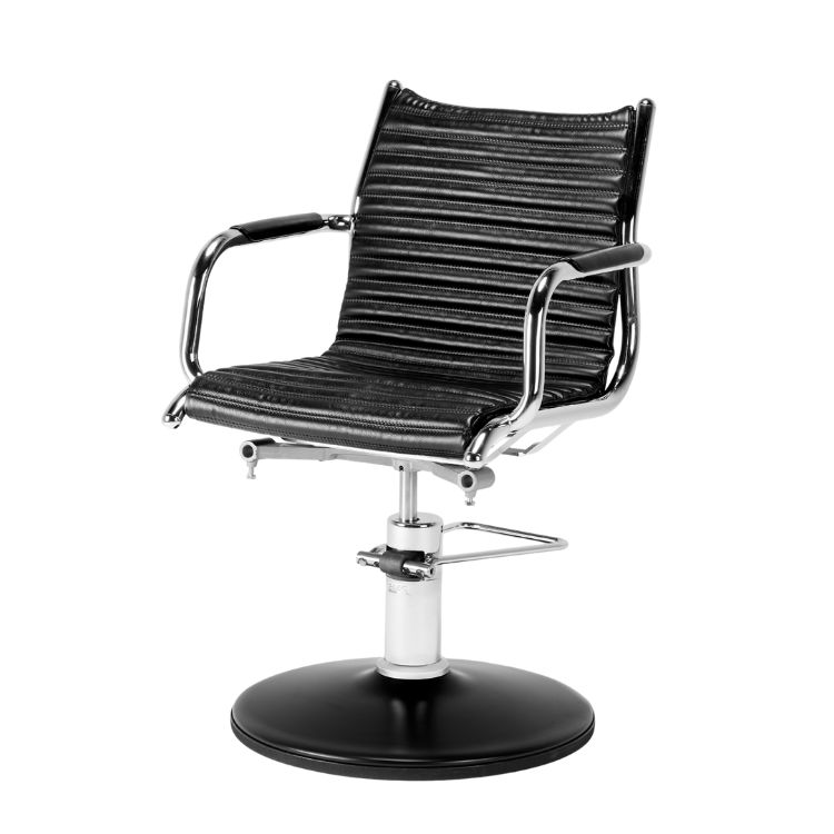 Ergonomisk frisörstol med canna-mönstrad stoppning, frontvy.