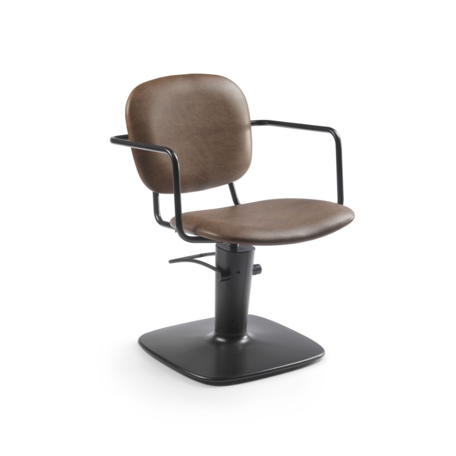 Frisörstol Broadway – Beauty Star med svart metallbas och klädd träsits i brun nyans