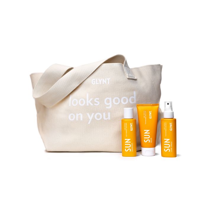 glynt sun care kampanj med shampoo, mask och care spray