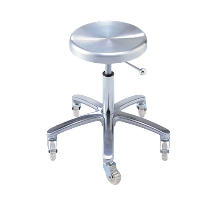 Takara Belmont D-Stool Alu arbetsstol med rund sits i borstad aluminium och fem transparenta hjul