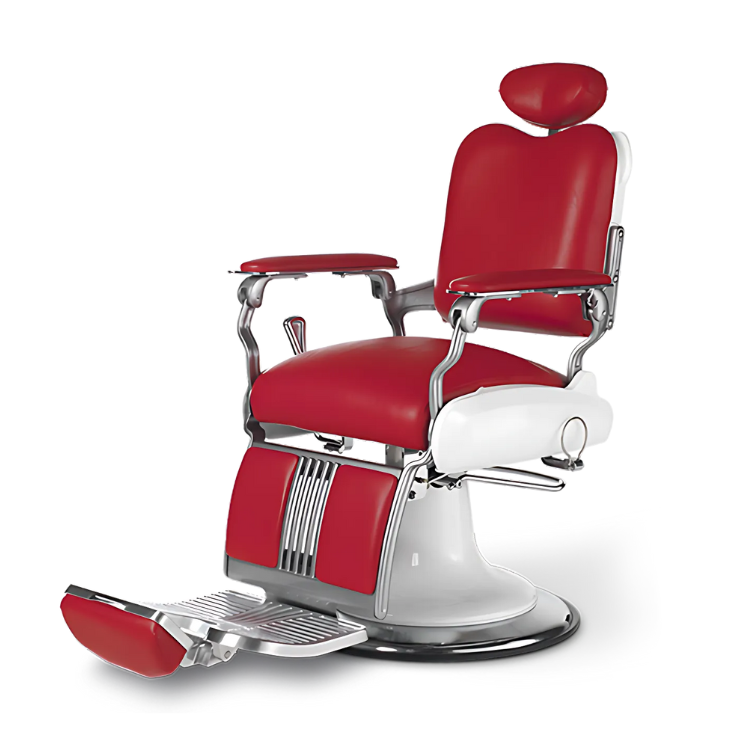 "Närbild på vintageinspirerade detaljer på Legacy barberarstol med vit metallram"