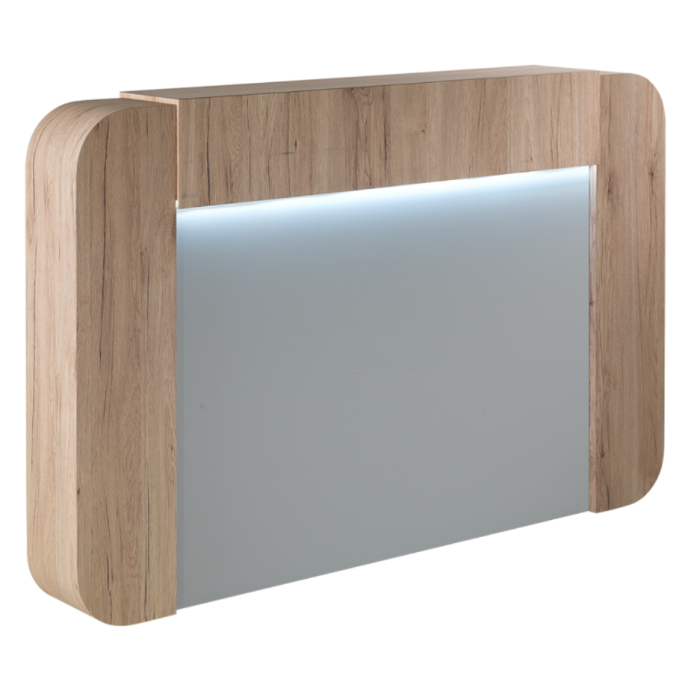 "Maita receptiondisk med spegelfront och LED-belysning – frontvy"