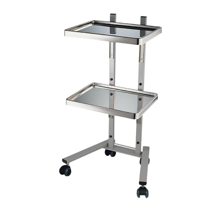Takara Belmont Stack Trolley arbetsbord med två utfällda brickor i rostfritt stål och svarta hjul